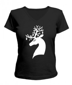 Женская футболка с V-образным вырезом Новогодний олень