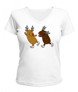Женская футболка  с V-образным вырезом Веселые оленята